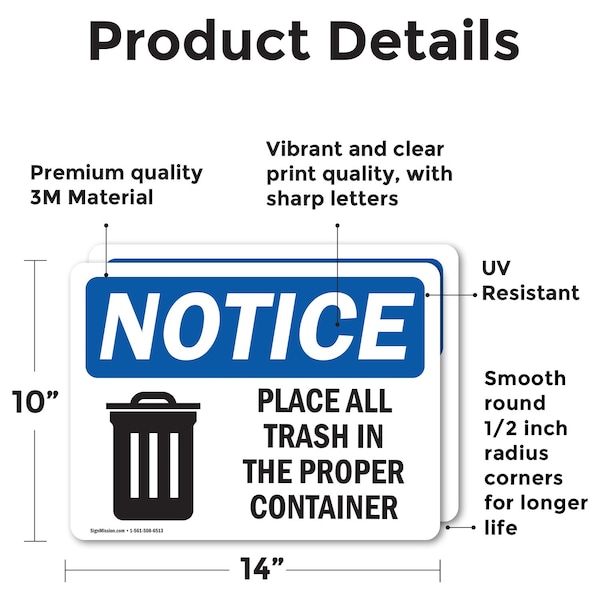 Place All Trash In The Proper Container, 14 In W X Rectangle, Vinyl Decal